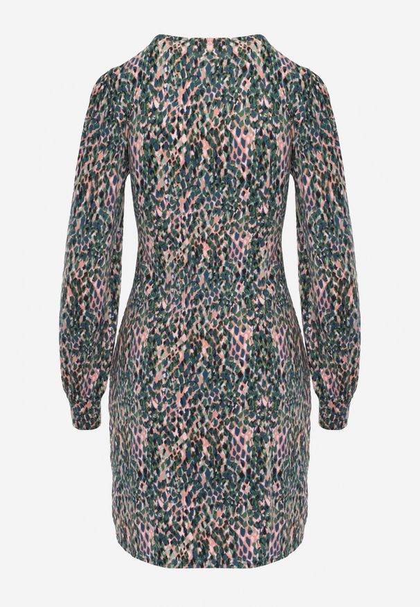 Renee - Zielona Wzorzysta Sukienka Mini z Głębokim Dekoltem i Mankietami Leossa. Kolor: zielony. Długość rękawa: długi rękaw. Długość: mini