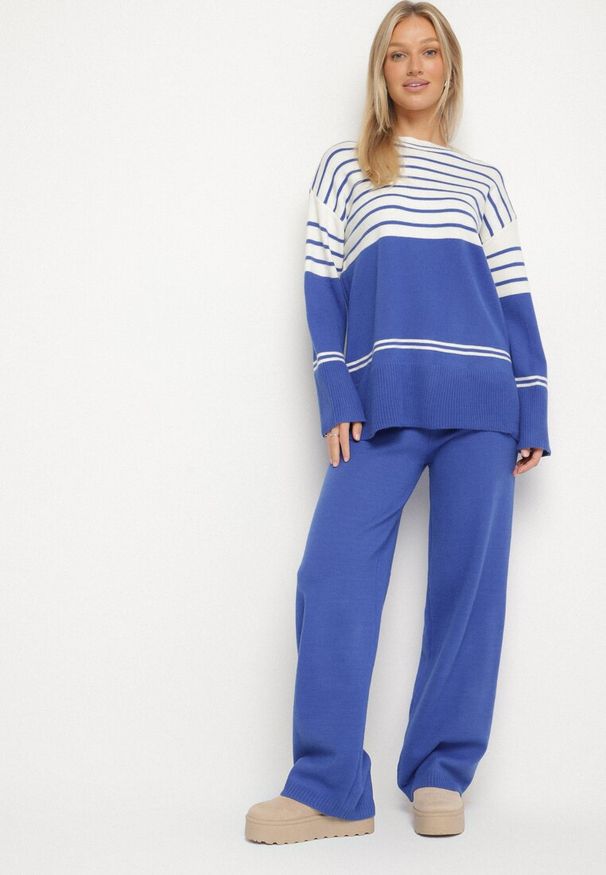 Born2be - Niebieski Dzianinowy Komplet z Wełną Sweter w Paski i Spodnie Raleina. Kolor: niebieski. Materiał: dzianina, wełna. Wzór: paski