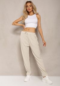 Renee - Jasnobeżowe Spodnie z Regularną Talią z Gumką i Sznurkiem w Pasie Cerinda. Okazja: na co dzień. Kolor: beżowy. Materiał: materiał, satyna. Styl: casual