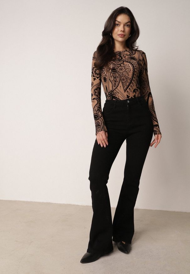 Born2be - Brązowe Body z Siateczki Mophel. Okazja: na co dzień. Kolor: brązowy. Materiał: wiskoza, materiał, jeans, welur. Styl: elegancki, casual