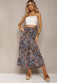 Renee - Czarno-Granatowe Spodnie Culottes z Bawełnianej Tkaniny Ozdobione Wzorem Paisley Gwinamas. Okazja: do pracy. Kolor: czarny. Materiał: bawełna, tkanina. Wzór: aplikacja, paisley #3