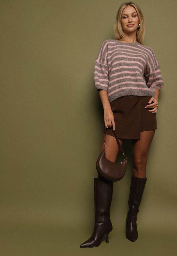 Born2be - Brązowy Sweter z Wełną i Bufiastymi Rękawami w Paski Kaonne. Okazja: na co dzień. Kolor: brązowy. Materiał: wełna. Wzór: paski. Styl: casual, elegancki