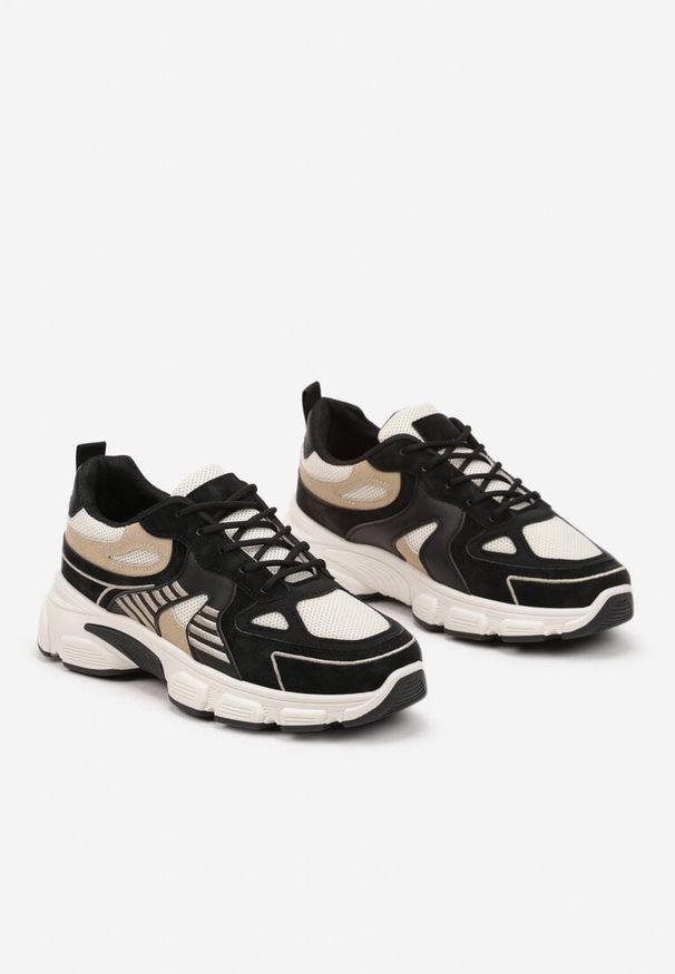 Born2be - Czarno-Beżowe Sneakersy na Grubej Podeszwie z Tłoczeniami Fellira. Okazja: na co dzień. Kolor: czarny. Materiał: jeans