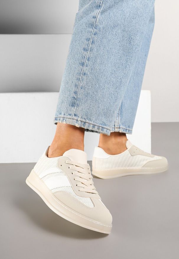 Born2be - Beżowe Sneakersy Tenisówki z Geometrycznym Wzorem Eleamila. Okazja: na co dzień. Zapięcie: sznurówki. Kolor: beżowy. Materiał: jeans. Wzór: geometria