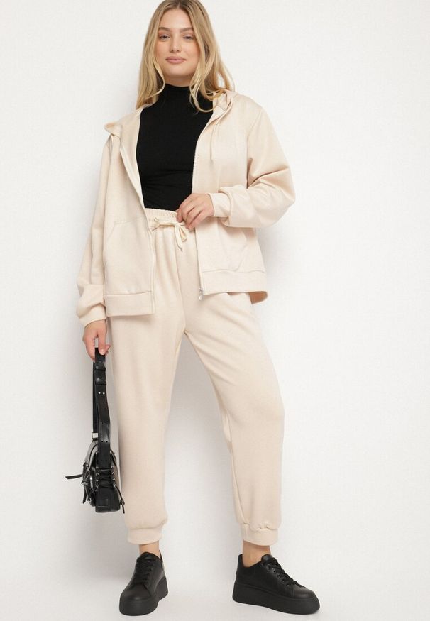 Born2be - Beżowy Komplet Dresowy Rozpinana Bluza i Spodnie Joggery z Bawełną Anarrise. Kolor: beżowy. Materiał: dresówka, bawełna