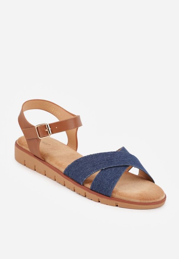 Renee - Niebieskie Płaskie Sandały VICES z Cholewką ze Skrzyżowanymi Paskami Emelika. Zapięcie: pasek. Kolor: niebieski. Wzór: haft. Styl: boho