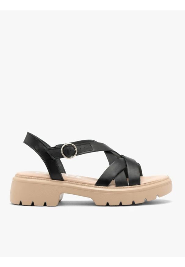 Ryłko - Czarne sandały damskie z platformą. Okazja: na co dzień. Zapięcie: sprzączka. Kolor: czarny. Materiał: skóra. Sezon: lato. Obcas: na platformie. Styl: casual, street, elegancki