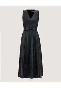 Marella - MARELLA - Czarna sukienka midi ze skóry ekologicznej. Okazja: do pracy. Typ kołnierza: dekolt w kształcie V. Kolor: czarny. Materiał: skóra ekologiczna. Typ sukienki: kopertowe, dopasowane, rozkloszowane. Długość: midi #3