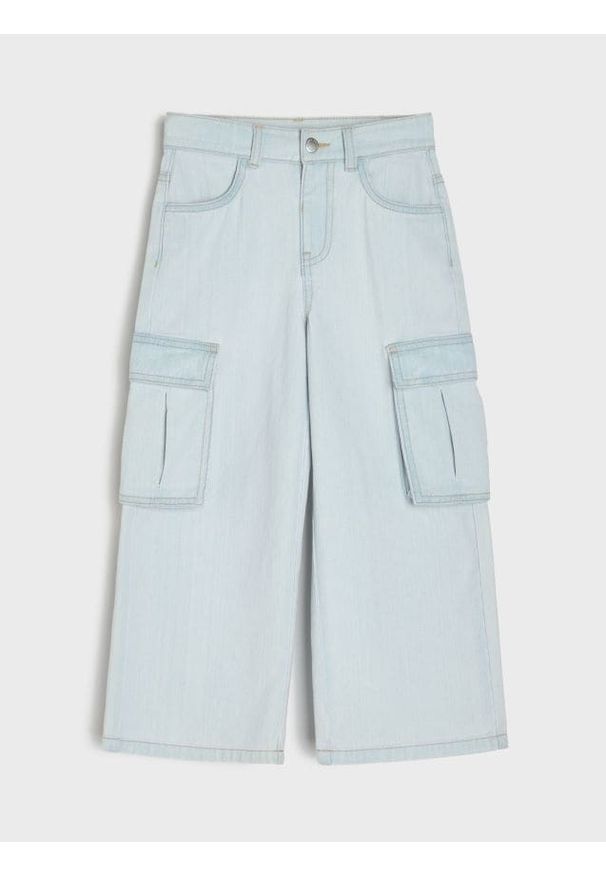 Sinsay - Jeansy cargo wide leg z efektem sprania - niebieski. Kolor: niebieski