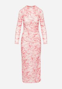 Born2be - Fuksjowa Dopasowana Sukienka z Siateczki z Wiskozą w Abstrakcyjny Wzór Sarilene. Okazja: na co dzień. Kolor: różowy. Materiał: wiskoza. Długość rękawa: długi rękaw. Typ sukienki: dopasowane. Styl: elegancki, casual, klasyczny #4