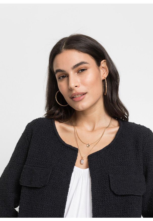 bonprix - Sweter rozpinany z przędzy boucle. Kolor: czarny. Długość: krótkie. Styl: elegancki