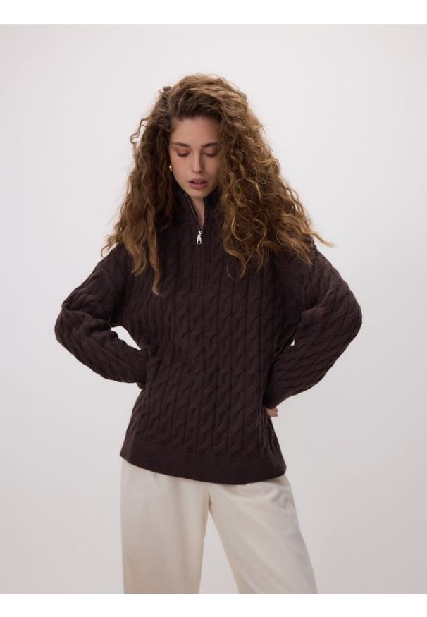 Reserved - Sweter z zapięciem na zamek - ciemnobrązowy. Kolor: brązowy. Materiał: dzianina