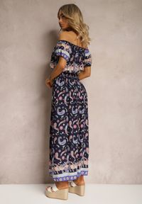 Renee - Granatowa Letnia Sukienka z Bawełny o Fasonie Hiszpanki z Gumką w Pasie i Wzorem Paisley Delsina. Okazja: na imprezę. Typ kołnierza: dekolt hiszpanka. Kolor: niebieski. Materiał: bawełna. Długość rękawa: krótki rękaw. Wzór: paisley. Sezon: lato. Styl: boho