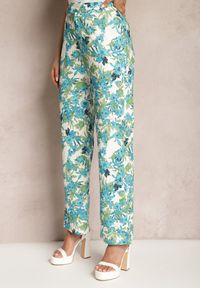 Renee - Niebiesko-Białe Spodnie w Kwiatowy Print High Waist z Szeroką Nogawką Lastaria. Stan: podwyższony. Kolor: niebieski. Materiał: tkanina. Wzór: nadruk, kwiaty