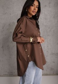 Renee - Brązowa Oversizowa Koszula z Bawełny z Eleganckimi Guzikami Rhenenore. Okazja: na co dzień. Kolor: brązowy. Materiał: bawełna. Długość: długie. Wzór: gładki. Styl: elegancki #1