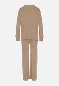 Born2be - Beżowy Komplet Dzianinowy z Wiskozą Kardigan i Szerokie Spodnie Badire. Kolor: beżowy. Materiał: wiskoza, dzianina. Wzór: aplikacja #4