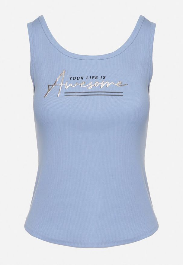 Born2be - Niebieski Top z Bawełną i Ozdobnym Nadrukiem Viannaes. Okazja: na co dzień. Kolor: niebieski. Materiał: bawełna. Wzór: nadruk. Styl: klasyczny, casual