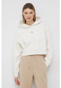 Calvin Klein Jeans bluza bawełniana damska kolor beżowy z kapturem z aplikacją. Typ kołnierza: kaptur. Kolor: beżowy. Materiał: bawełna. Wzór: aplikacja #5