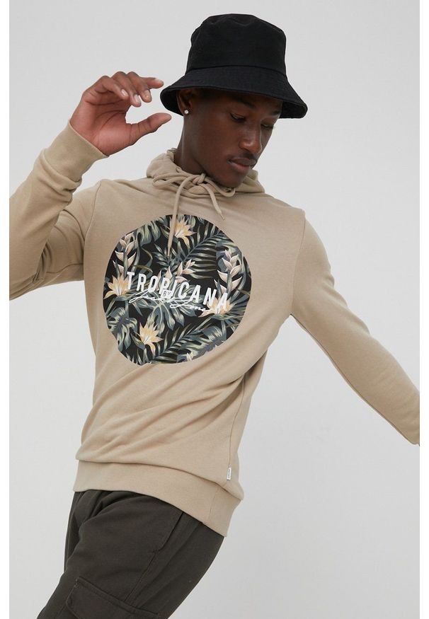 Jack & Jones bluza męska kolor beżowy z kapturem z nadrukiem. Typ kołnierza: kaptur. Kolor: beżowy. Wzór: nadruk