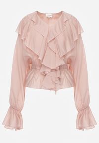 Born2be - Różowa Bluzka Elegancka z Falbanami z Rozszerzanymi Rękawami Irintora. Okazja: na co dzień. Kolor: różowy. Materiał: jeans. Długość: długie. Styl: elegancki #8