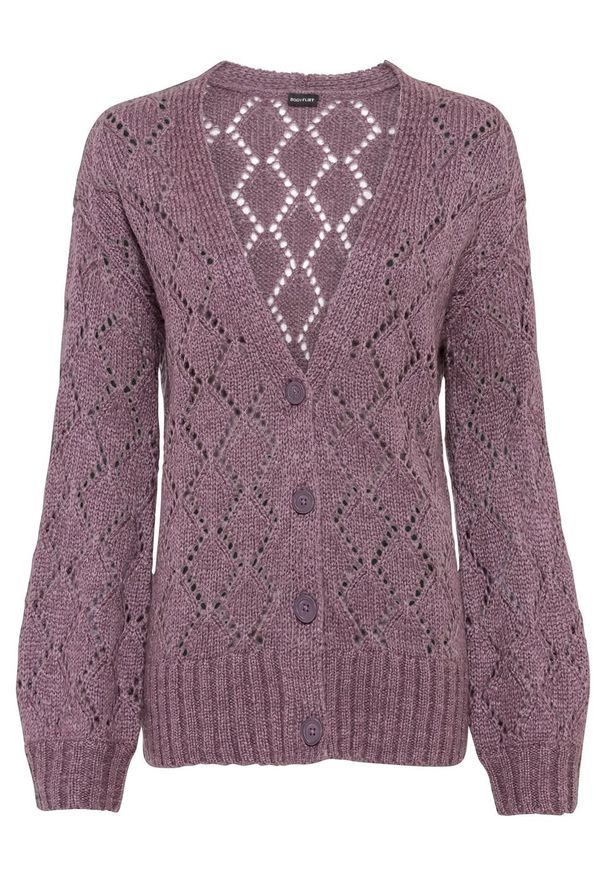 Sweter rozpinany w ażurowy wzór bonprix dymny lila. Kolor: fioletowy. Wzór: ażurowy