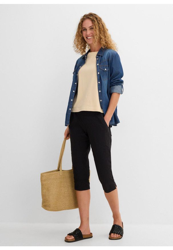 bonprix - Spodnie rybaczki z wiązanym troczkiem. Kolor: czarny