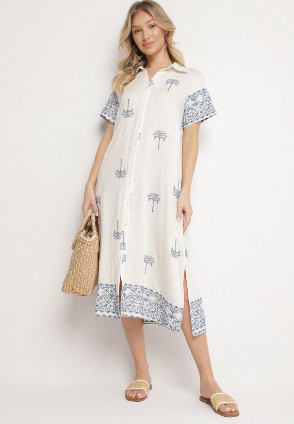 Born2be - Biała Pudełkowa Sukienka z Wiskozą o Koszulowym Kroju Zdobiona Haftem Sanori. Okazja: na co dzień. Kolor: biały. Materiał: wiskoza. Długość rękawa: krótki rękaw. Wzór: haft, aplikacja. Typ sukienki: koszulowe. Styl: casual, klasyczny