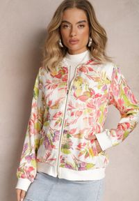 Renee - Biała Kurtka Bomberka w Kwiaty ze Ściągaczami Lirissa. Kolor: biały. Wzór: kwiaty. Styl: elegancki