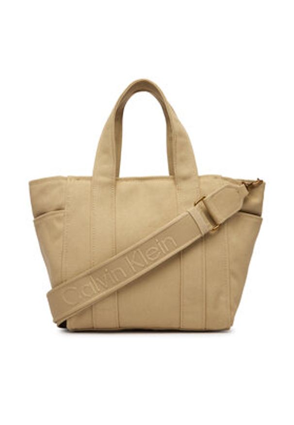 Calvin Klein Torebka Webbing Strap Canvas Small Tote LV04F3384G Beżowy. Kolor: beżowy