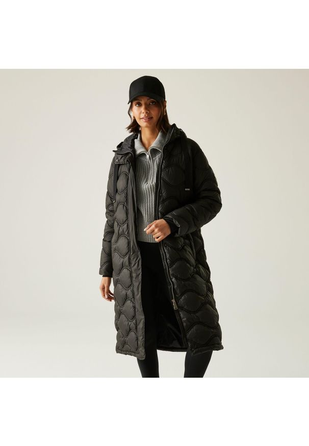 Regatta - Płaszcz damski zimowy ocieplany Embrie. Kolor: czarny. Materiał: tkanina, puch, syntetyk. Długość: długie. Sezon: zima. Sport: turystyka piesza