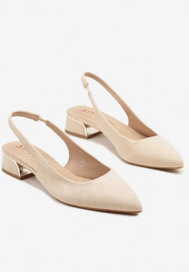 Renee - Beżowe Sandały Typu Slingback ze Skórzaną Wkładką i Metaliczną Wstawką Wevessa. Okazja: na co dzień. Zapięcie: sprzączka. Kolor: beżowy. Materiał: skóra. Styl: elegancki, casual