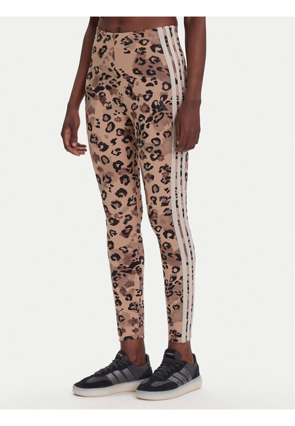 Adidas - adidas Legginsy Animal Print 3-Stripes JM1865 Beżowy Slim Fit. Kolor: beżowy. Materiał: bawełna. Wzór: nadruk