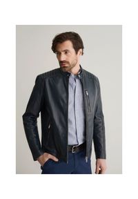 Ochnik - Kurtka skórzana męska. Okazja: na co dzień. Typ kołnierza: kołnierzyk stójkowy. Kolor: niebieski. Materiał: skóra. Długość: krótkie. Styl: casual, elegancki, klasyczny #1