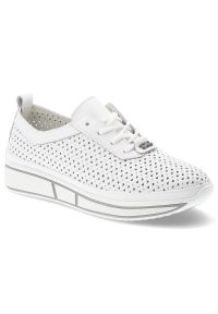 Sneakersy damskie Vinceza, e skóry naturalnej licowej ażurowa cholewka sznurowanie lekka platforma casual, białe, 95387. Okazja: na co dzień. Zapięcie: sznurówki. Kolor: biały. Materiał: skóra. Szerokość cholewki: normalna. Wzór: ażurowy. Obcas: na platformie. Styl: casual #1