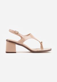 Born2be - Beżowe Sandały Japonki na Słupku z Biżuteryjną Ozdobą Uhryss. Kolor: beżowy. Materiał: len. Wzór: aplikacja. Sezon: lato. Obcas: na słupku. Styl: elegancki, klasyczny. Wysokość obcasa: średni #3