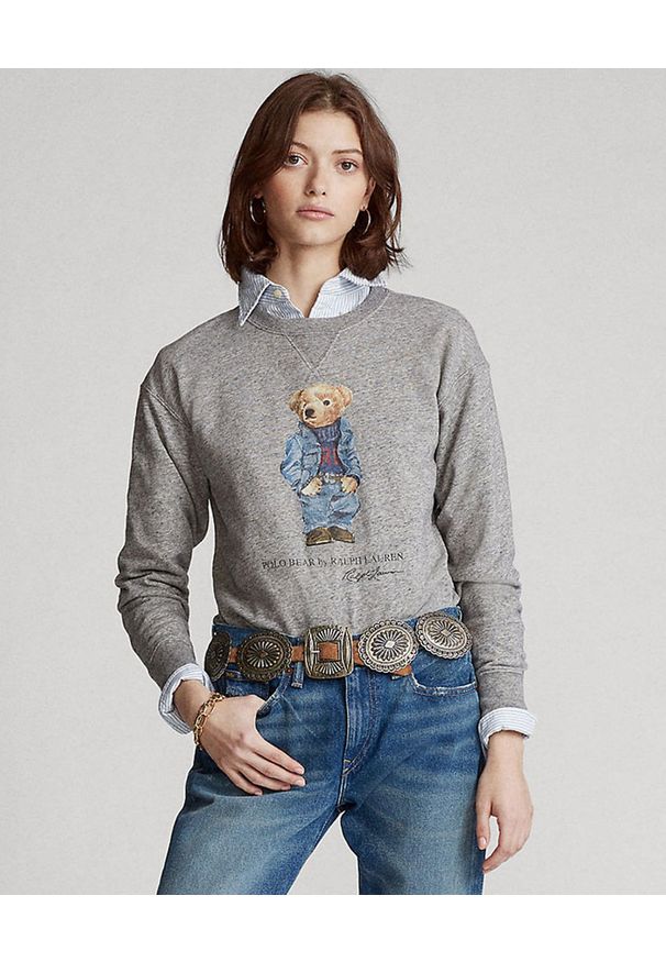Ralph Lauren - RALPH LAUREN - Szara bluza z misiem. Typ kołnierza: polo. Kolor: szary. Materiał: jeans, prążkowany, materiał. Wzór: nadruk
