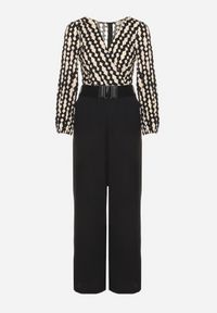 Born2be - Czarno-Beżowy Wzorzysty Kombinezon Kopertowy z Prostymi Nogawkami i Elastycznym Paskiem Tinadorae. Okazja: na co dzień. Kolor: czarny. Materiał: tkanina. Długość rękawa: długi rękaw. Długość: długie. Styl: elegancki, casual #6