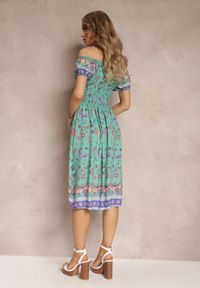 Renee - Miętowa Bawełniana Sukienka Hiszpanka z Gumką w Pasie i Wzorem Paisley Maggies. Typ kołnierza: dekolt hiszpanka. Kolor: miętowy. Materiał: bawełna. Wzór: paisley