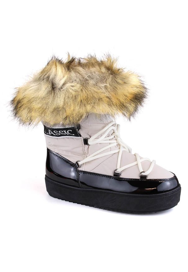 Śniegowce damskie na platformie sznurowane z futerkiem beżowe Vinceza 34630. Kolor: beżowy. Materiał: skóra ekologiczna. Obcas: na platformie