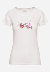 Born2be - Biało-Różowy T-shirt z Bawełny z Ozdobnym Nadrukiem Zaromeira. Okazja: na co dzień. Kolor: biały. Materiał: bawełna. Wzór: nadruk. Styl: klasyczny, elegancki, casual #4