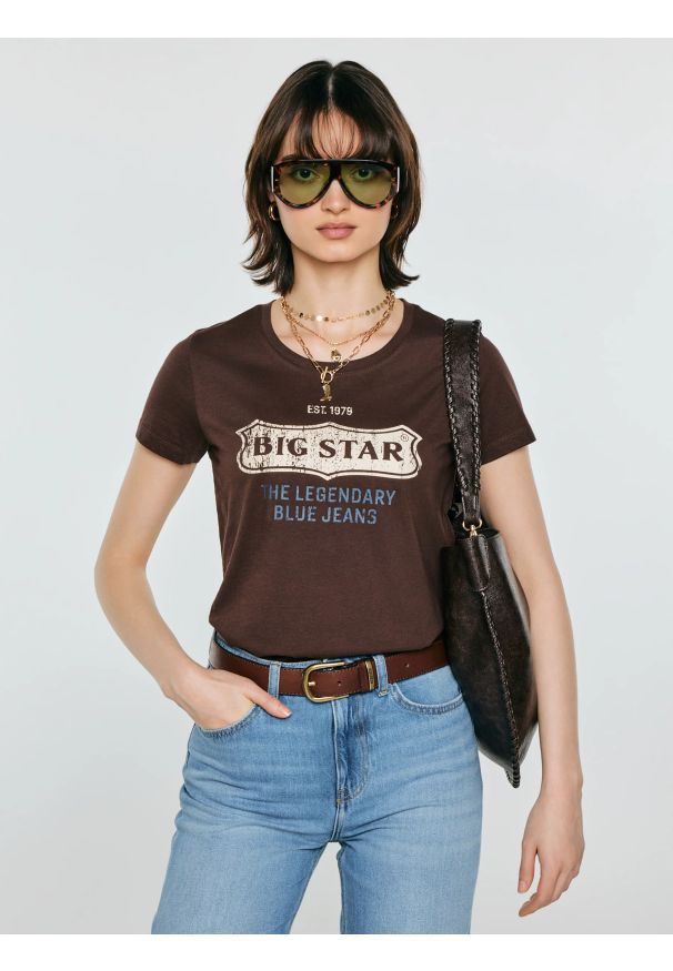 Big-Star - Koszulka damska z linii Authentic z logo BIG STAR brązowa Rissmelna 804. Okazja: na co dzień. Kolor: brązowy. Materiał: dzianina. Wzór: nadruk. Sezon: zima, jesień. Styl: casual, klasyczny