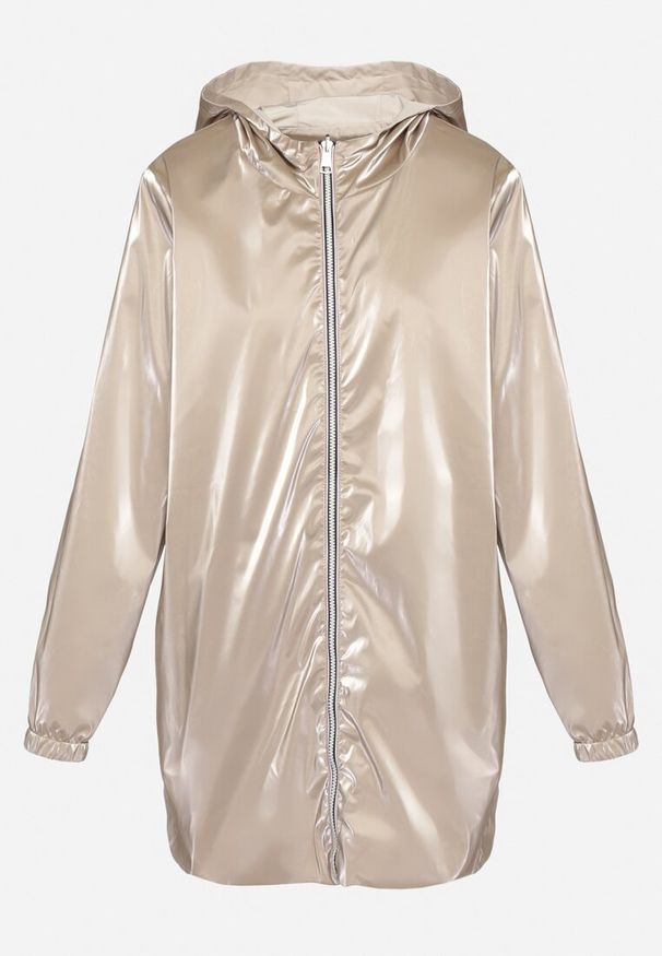 Born2be - Jasnobeżowa Kurtka Dwustronna z Nieodpinanym Kapturem i Metalicznym Efektem Lirednil. Kolor: beżowy. Wzór: gładki. Styl: elegancki