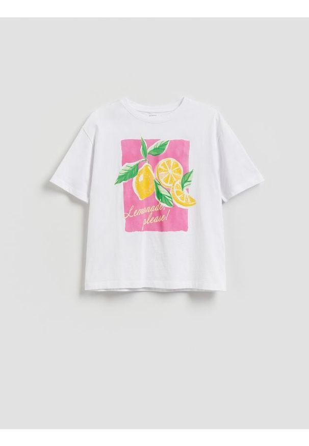 Reserved - T-shirt z nadrukiem - biały. Kolor: biały. Materiał: dzianina, bawełna. Wzór: nadruk
