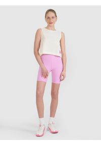 4f - 4F Legginsy krótkie dzianinowe damskie - różowe XL. Stan: podwyższony. Kolor: różowy. Materiał: dzianina. Długość: krótkie. Wzór: prążki