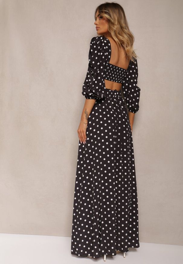 Renee - Czarny 2-Częściowy Komplet w Kropki Krótki Top z Dekoltem Spódnica z Gumką w Talii Wandrea. Kolor: czarny. Materiał: włókno, materiał. Wzór: kropki