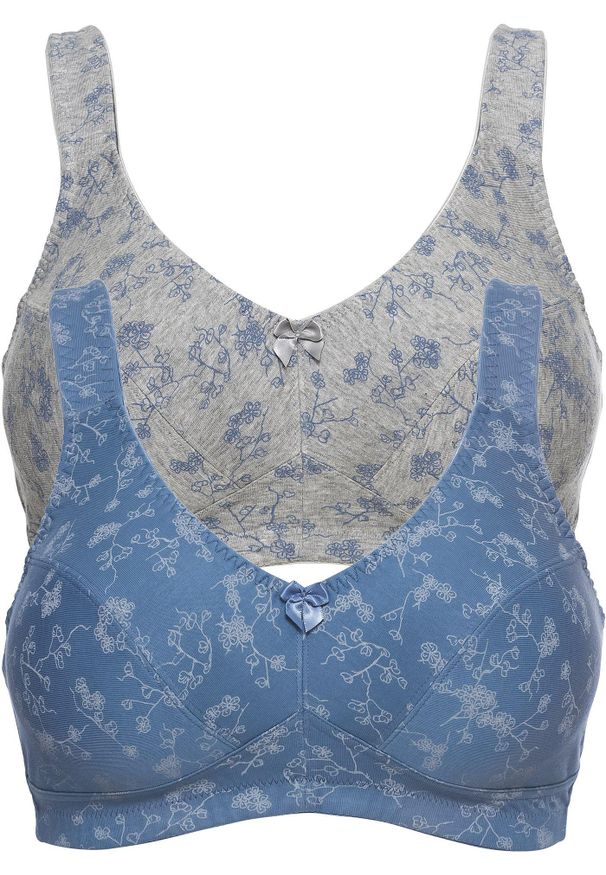 bonprix - Biustonosz bez fiszbinów (2 szt.), bawełna organiczna. Kolor: niebieski. Materiał: bawełna. Rodzaj stanika: wyściełane miseczki, różne sposoby noszenia. Wzór: nadruk, kwiaty
