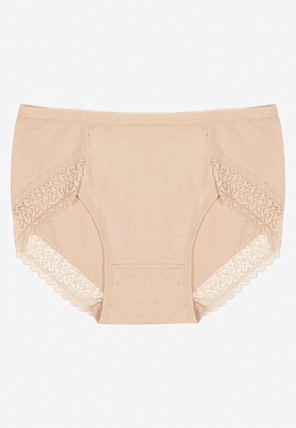 Renee - Beżowe Bawełniane Majtki Figi Zdobione Koronką Idilene. Kolekcja: plus size. Kolor: beżowy. Materiał: koronka, bawełna. Wzór: koronka, aplikacja