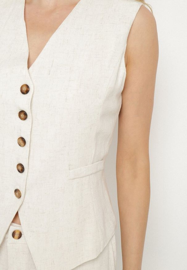 Born2be - Beżowy Komplet z Lnem i Bawełną Kamizelka i Szerokie Spodnie Falvezia. Kolor: beżowy. Materiał: bawełna, len