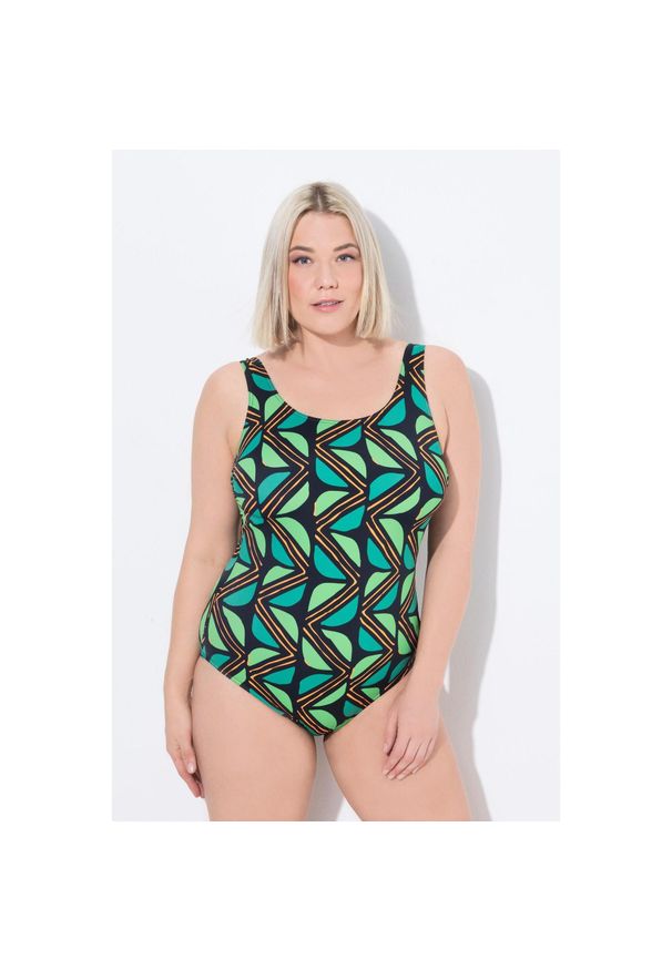 ULLA POPKEN - Damskie Strój kąpielowy dżungla bez miękkich miseczek okrągły dekolt. Kolekcja: plus size. Kolor: czarny. Materiał: materiał, poliester, elastan, poliamid