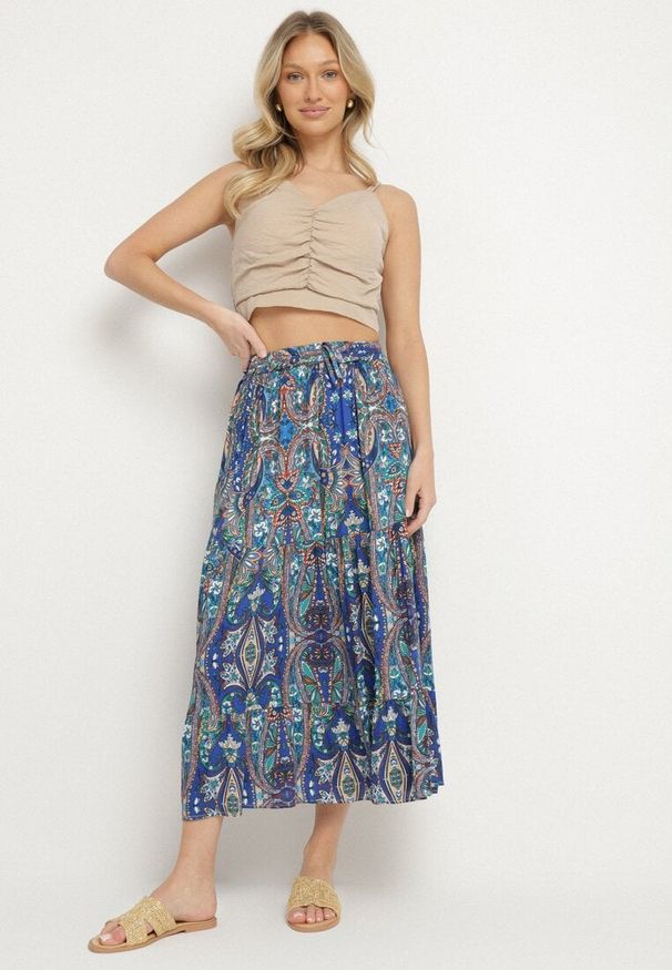 Born2be - Niebieska Wiskozowa Spódnica ze Wzorem Paisley Ellishea. Okazja: na co dzień. Kolor: niebieski. Materiał: wiskoza. Wzór: paisley. Styl: boho, elegancki, casual